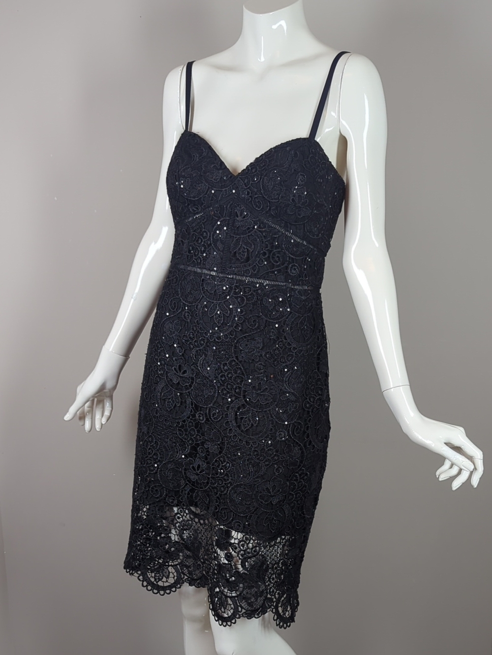 bebe Black Lace Sequin Spaghetti Strap Bodycon Dress Small